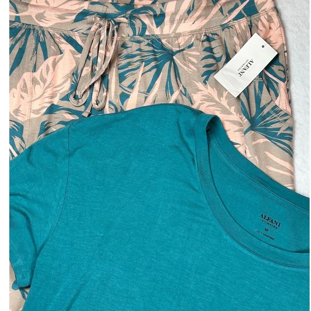 Alfani Intimates Womens Soft Pajama Set Medium Teal Tropical Palm Print 2pc NWT